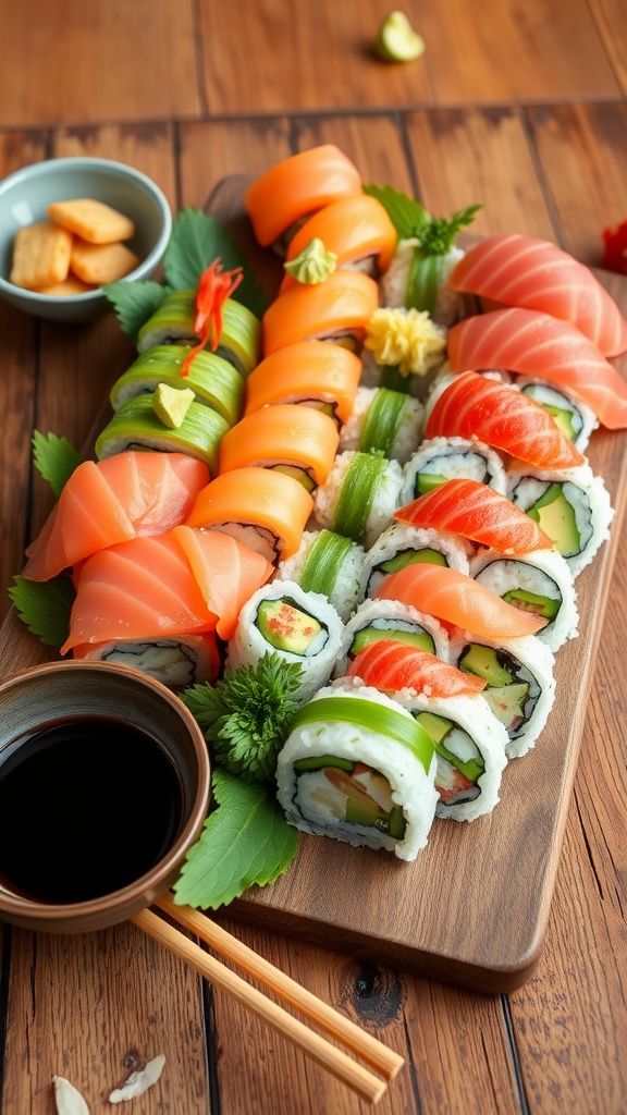 Delicious Homemade Sushi Rolls Recipe A vibrant assortment of sushi rolls with avocado, cucumber, and fish, served with soy sauce, wasabi, and pickled ginger on a wooden table.